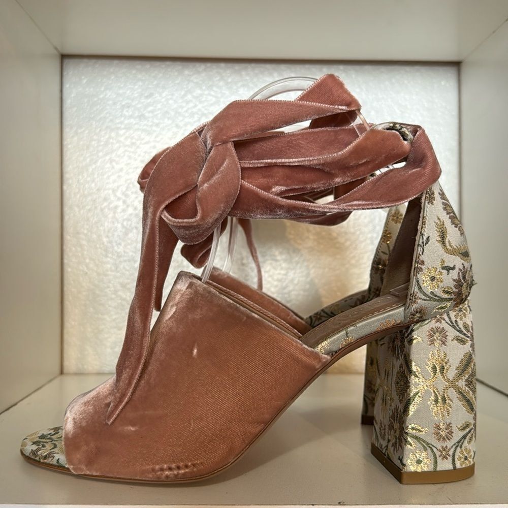 Lewit Liliana Women Ankle Wrap Tie Velvet Brocade Leather Blush Open Toe Heel